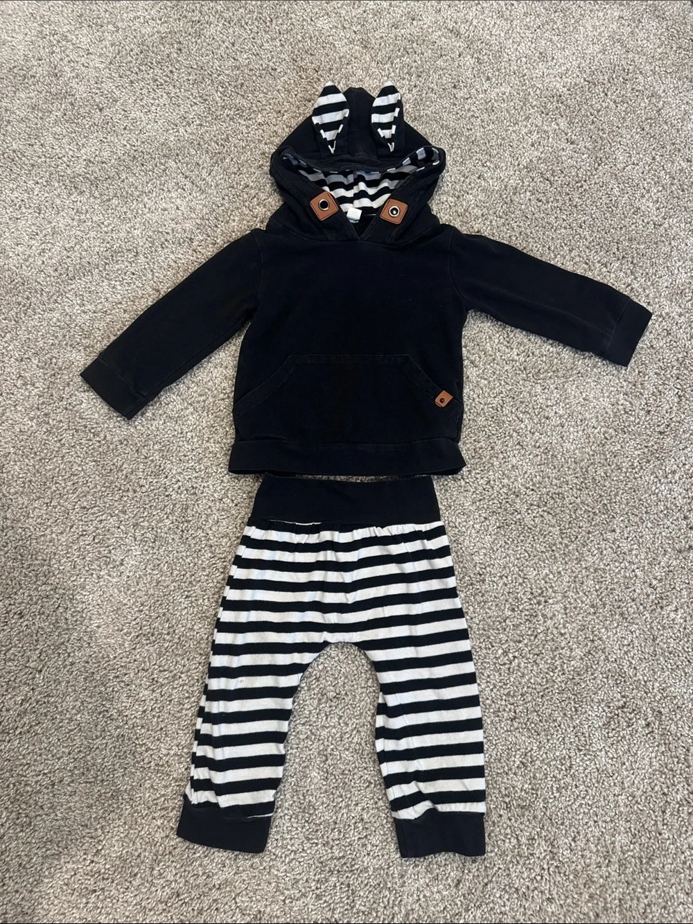 Black Animal Ear Hoodie and Black & White Striped Pants Kids Matching Set